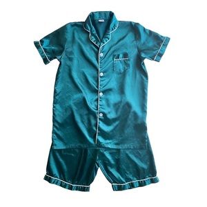 Vintage Teal Satin Short sleeve pajama set shorts elastic waist S